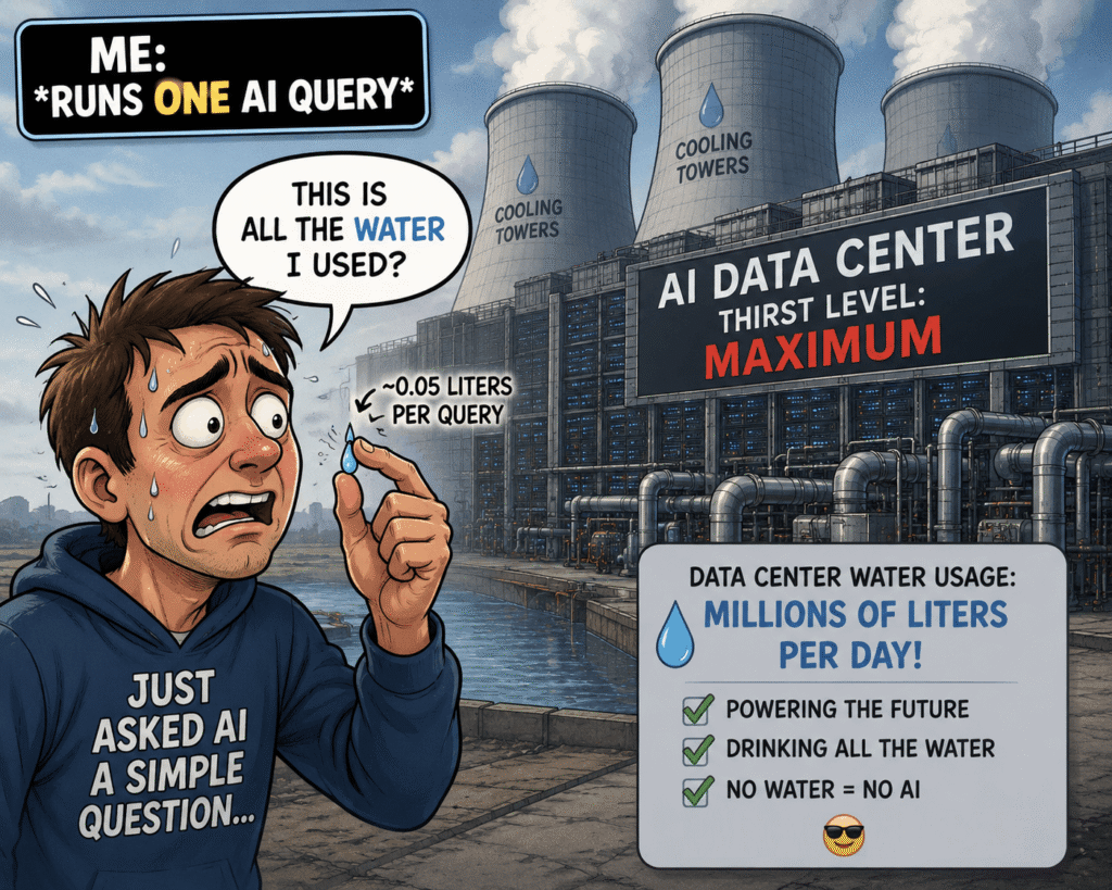 funny meme about AI water usage 2026 data center vs single query