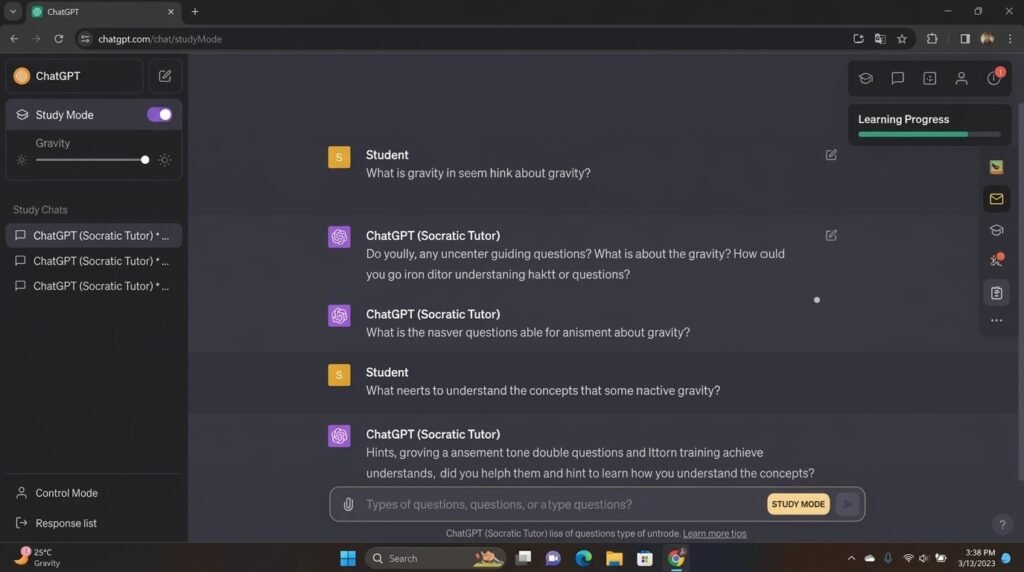 ChatGPT Study Mode interface showing Socratic tutoring for students