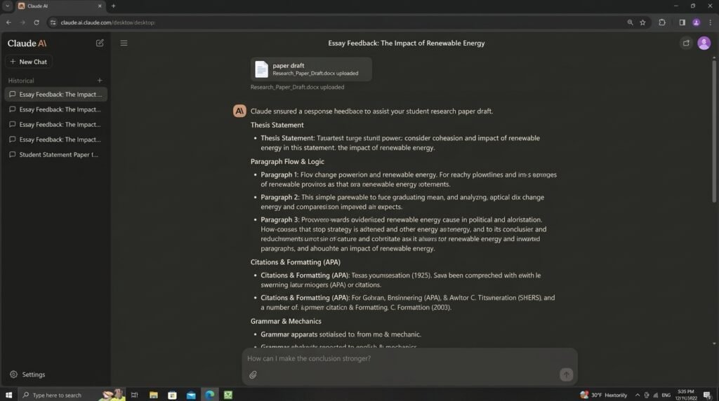 Claude AI essay feedback on a student research paper draft