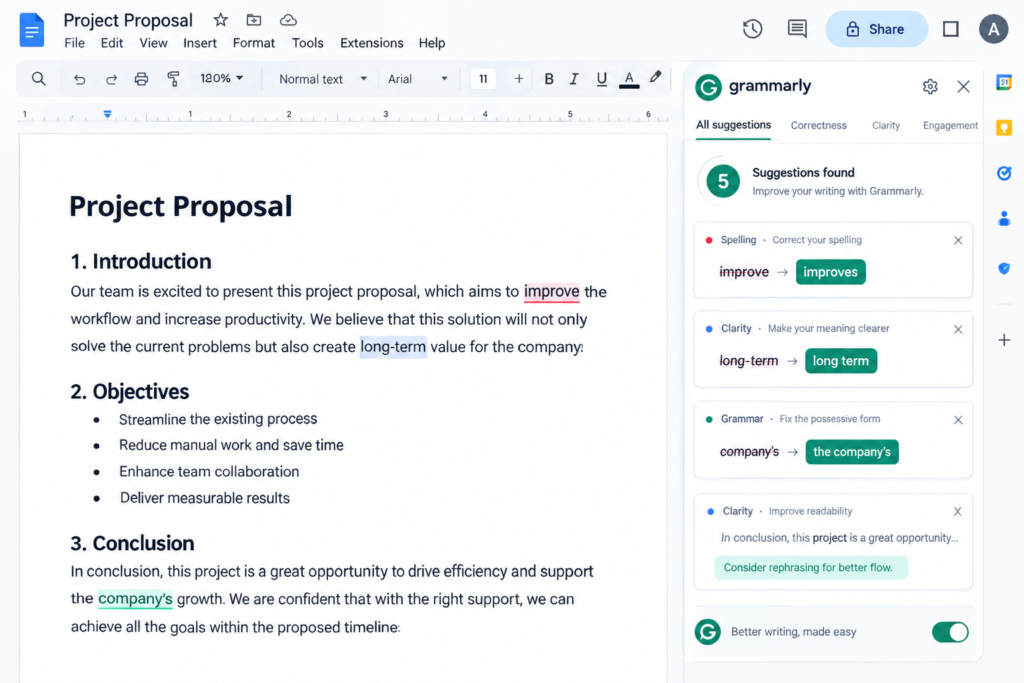 Grammarly grammar and clarity suggestions in Google Docs