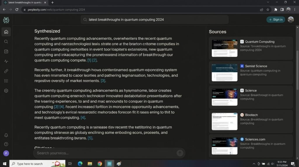Perplexity AI research results with numbered citations